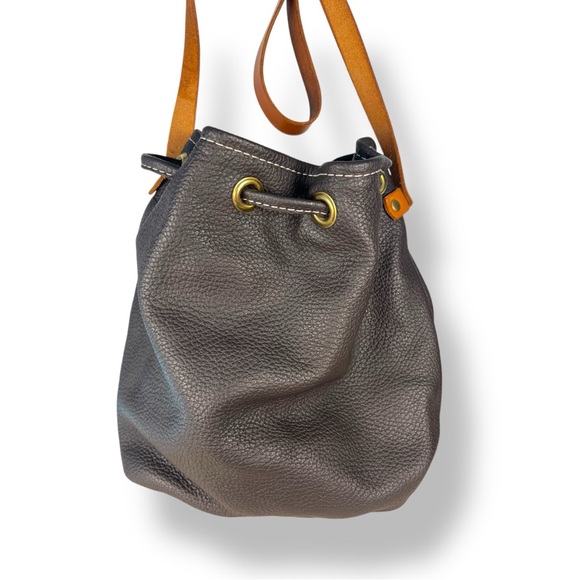 Leather bucket draw string bag, gray and brown, nubuck - Picture 3 of 9